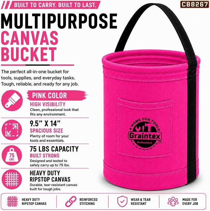 Graintex Canvas Utility Bucket 9.5"x14", Round Tool Bucket, Reinforced Base & Carry Handle, Ripstop Canvas, Ideal Multi-Purpose Bag for Jobsite, Gardening, Home Use, Tool Storage (Pink)