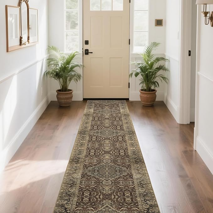 Vintage Brown Runner Rugs for Hallway: Washable Runner Rug 2x10 for Kitchen Entryway Bathroom Bedroom Indoor - Home Decor Mat Carpet - Oriental Dark Brown
