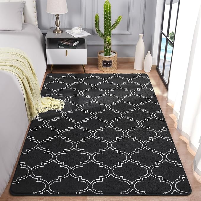 Chicrug 3x5 Shag Geometric Modern Area Rug for Bedroom Entryway | Memory Foam Indoor Carpet, Fluffy Rug for Bedside Room for Family Girls Kids Play Mat, Black and White