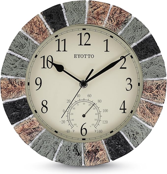 eYotto 10 Inch Small Outdoor Clock Waterproof with Thermometer,Weather-Resistant Non-Ticking Battery Operated Wall Clocks Weatherproof for Patio, Pool, Garden, Lanai, Fence, Porch, Deck