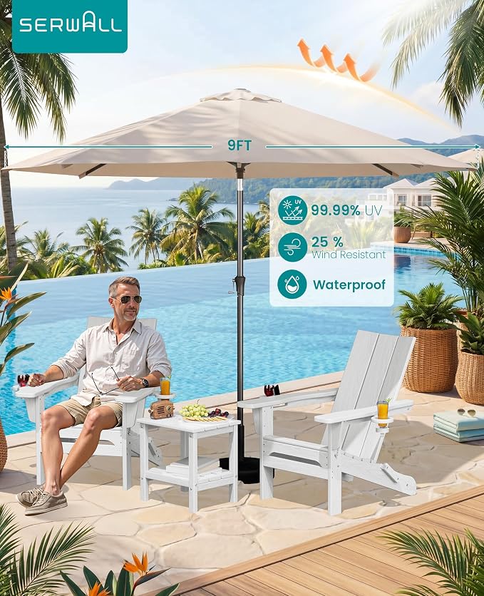 SERWALL Modern Folding Adirondack Chair Set with 9 Ft Umbrella, Folable Adirondack Chairs Set of 2 with Cup Holders, HDPE Fire Pit Chairs for Patio Lawn Garden, White (Umbrella Base is not Included)