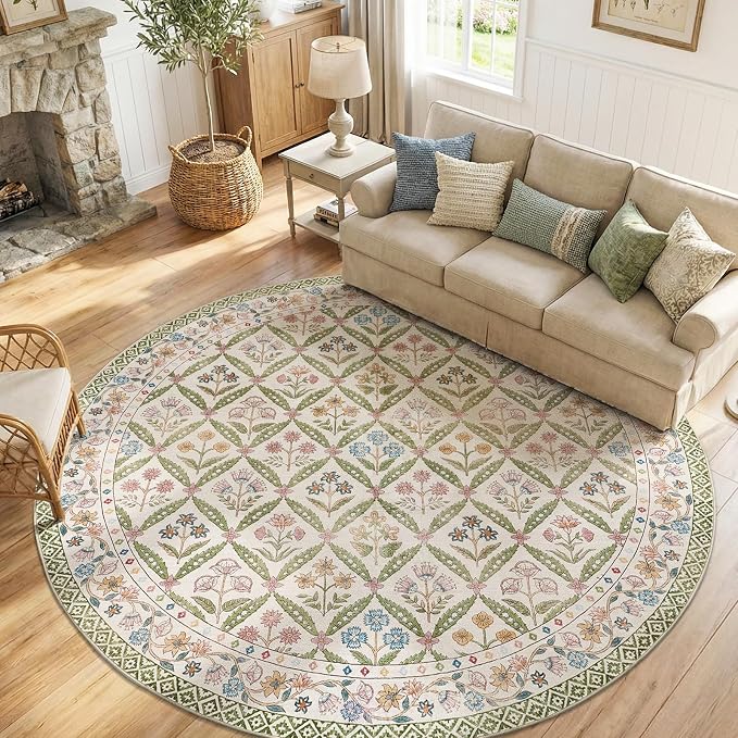 jinchan Round Rug 7ft Vintage Floral Washable Circle Area Rug, Sage Green | Soft & Lightweight, Checkered Floral, Low Pile, Non Slip, Dining Room, Living Room, Bedroom, Girls Room, Kids Room Decor