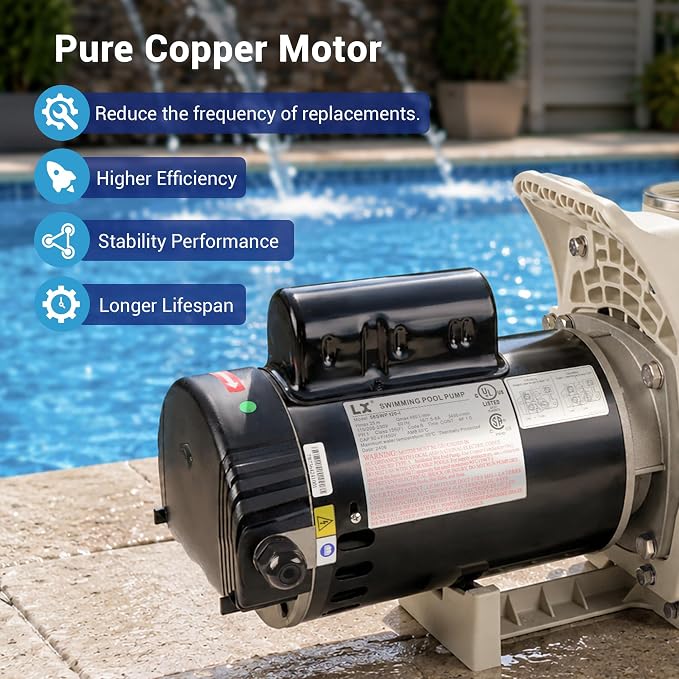 Pool Pump Inground 1HP, 6340 GPH High Flow Self Primming Swimming Pool Pump, 115V/230V, Low Noise, Powerful In/Above Ground Pool Pump with Filter Basket and 2"/1.5" Fittings