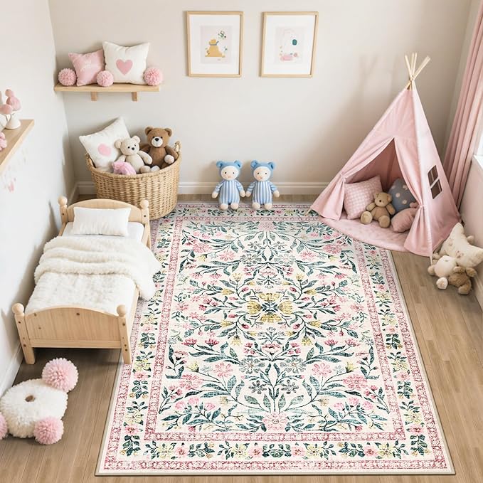 PLHXFR Area Rug Living Room: 5x7 Floral Washable Boho Carpet Pink Green | For Bedroom Dining Room Farmhouse Nursery Hallway,Vintage Floral,Machine washable,Non Slip,Stain Resistant,Large Indoor