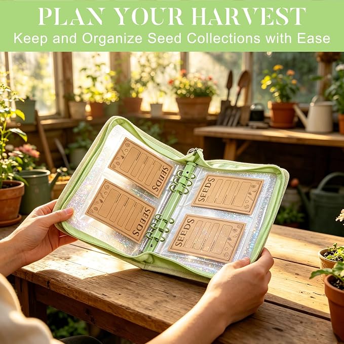 Seed Storage Organizer Binder, Seed Packet Organizer with 160 Pockets(80 Pack Resealable Seed Envelopes),3.9x5.3 Inch Clear Sleeves, Seed Saver for Garden Lover(Green)