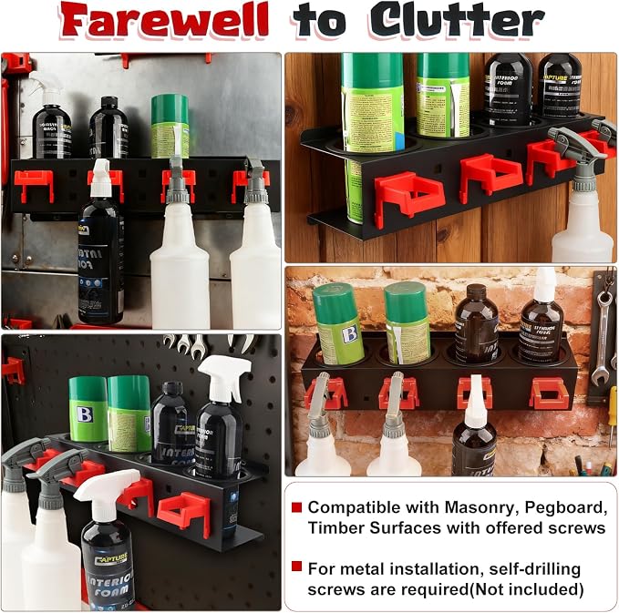 2 Pack Spray Bottle Holder Wall Mount, Carbon Steel Heavy-Duty Car Detailing Bottle Organizer, Spray Can Holder Rack with 4 Holes & 4 Hooks, Space Saving Storage Holder for Garage Workshop Van Shed