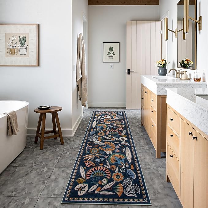 Zealude Egypt Floral Kitchen Runner Rugs Non Skid Washable,2x8 Boho Vintage Hallway Bathroom Runner Rug Non Slip,Soft Long Carpet for Laundry Room Entryway Bedroom (Dark Blue,2 x 8)