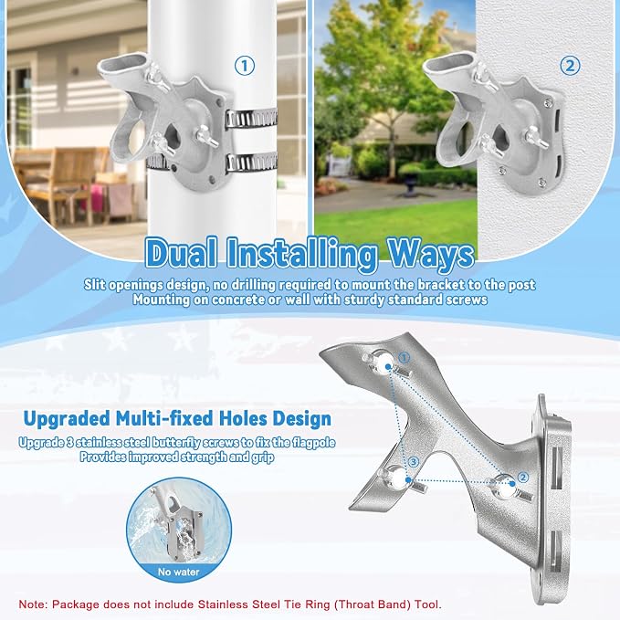 1" Flag Pole Holder for Outside House, REERON 2-Positions Metal Flagpole Bracket Mounts, Aluminium Rustproof Flag Pole Wall Porch Mounting Brackets with 3 Fixed Holes & Steel Hardwares (Silver-1 Pack)