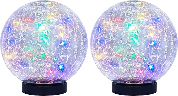 HOTEAGLE Solar Globe Lights Outdoor Waterproof-Large 2-Pack Solar Balls Lights for Outside Garden-Cracked Glass Ball Solar Lights for Garden Patio & Lawn Backyard Decor (Polychrome-Flicker, 5.9 inch)