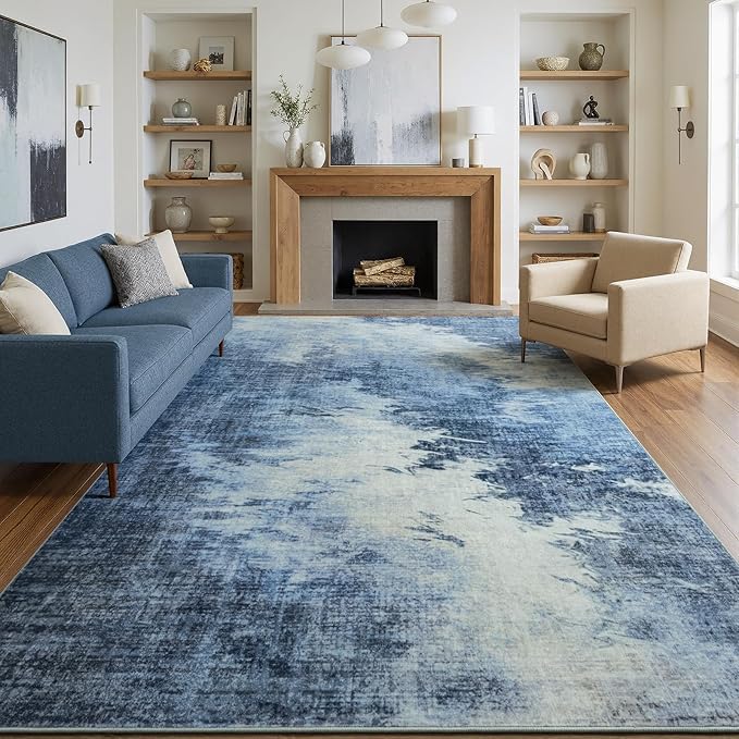 5x7 Abstract Distressed Area Rug for Living Room Washable Non-Slip | Soft Throw Rug for Bedroom with TPR Backing, Kid and Pet Friendly Low Pile Carpet for Entryway, Under Crib, Bed Side, Blue
