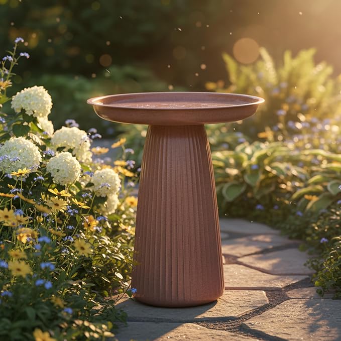 Sunnydaze Gleeful Garden 23" Iron Pedestal Bird Bath for Outside - Modern Shallow Basin Birdbath for Outdoors with UV-Protected Rust-Resistant Finish for Patio, Garden, Yard Decor - Canyon Clay Glaze