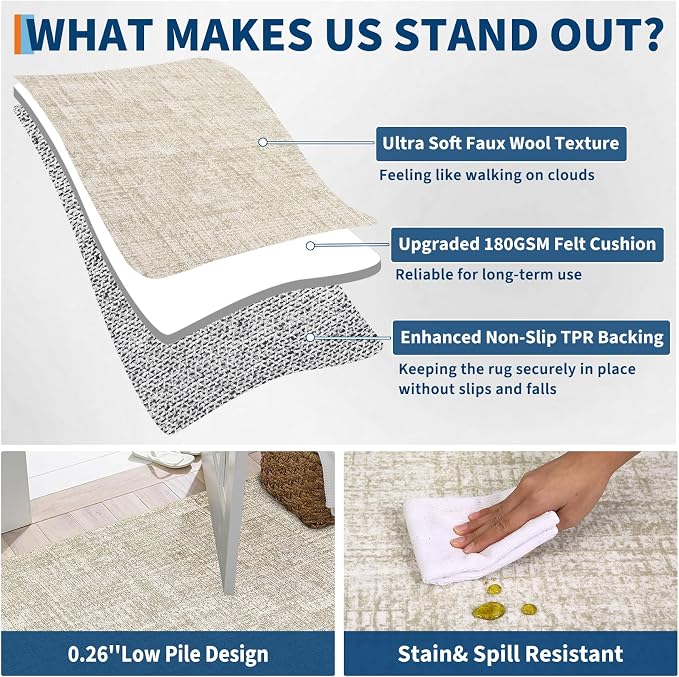 Garvee Washable 8x10 Rug for Living Room Modern Solid Neutral Rug Beige | Soft Non Slip Rugs for Bedroom, Low Pile Neutral Rug, Stain Resistant Foldable Carpet for Playroom Dorm, Farmhouse Rugs