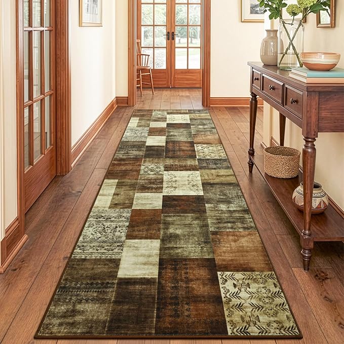 Runner Rug for for Hallways, 2'x6' Washable Kitchen Rugs with Non Slip Rubber Backing, Soft Low Pile Non-Shedding Geometric Carpet for Laundry Bedroom Bathroom, Brown