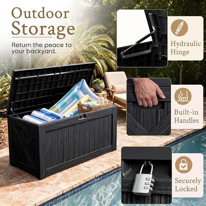 Devoko 120 Gallon Deck Box Resin Outdoor Storage Box Waterproof for Patio, Large Outdoor Storage Bench Lockable for Outside (Black)
