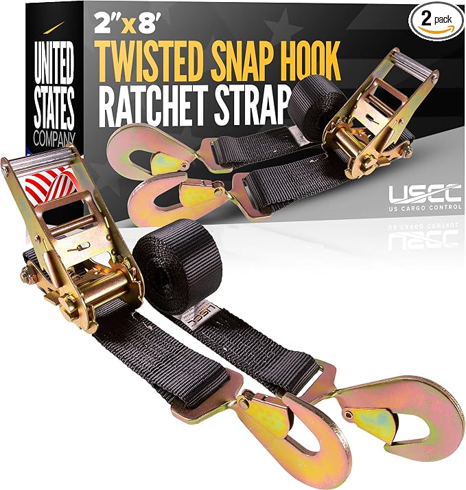 US Cargo Control Twisted Snap Hook Ratchet Straps 2 Inch x 8 Foot (2-Pack), 10,000 LBS Break Strength, Car Tie Down Straps for Trailers, Tie Down Cars, Motorcycles, Race Cars - Low-Profile Ratchet