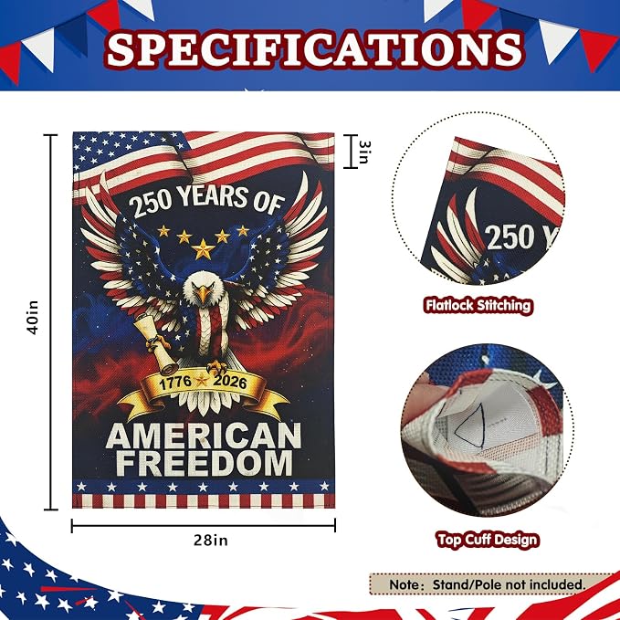 Lighted 250th Anniversary USA Garden Flag for Outside, Solar Led Double-sided Patriotic Banner with 1776-2026 250 Years of American Freedom Design for Independence Day, July 4th Decor (LED USA Eagle, 28 x 40 Inch)