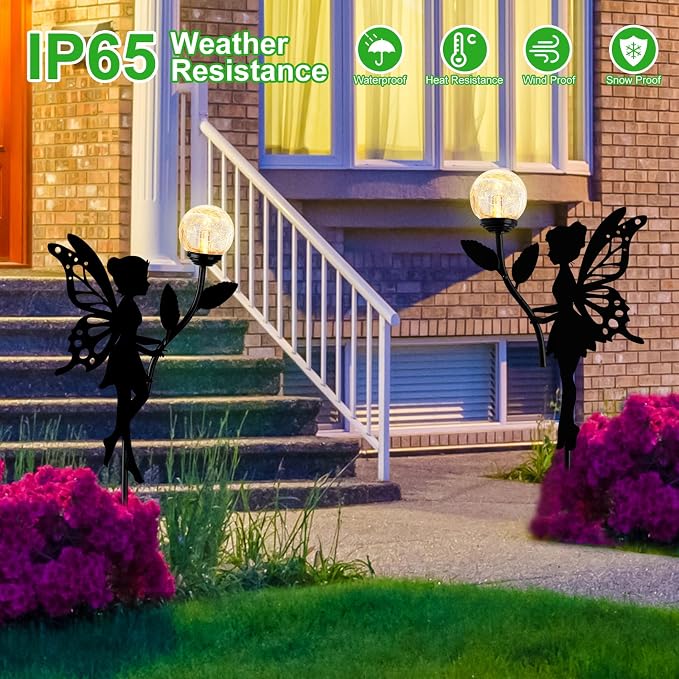 2 Pack Solar Fairy Garden Decor with Crackle Glass Globe Lights | Metal statues silhouette, waterproof, for outdoor lawn patio yard pathway home mother's day decorations gardening gifts