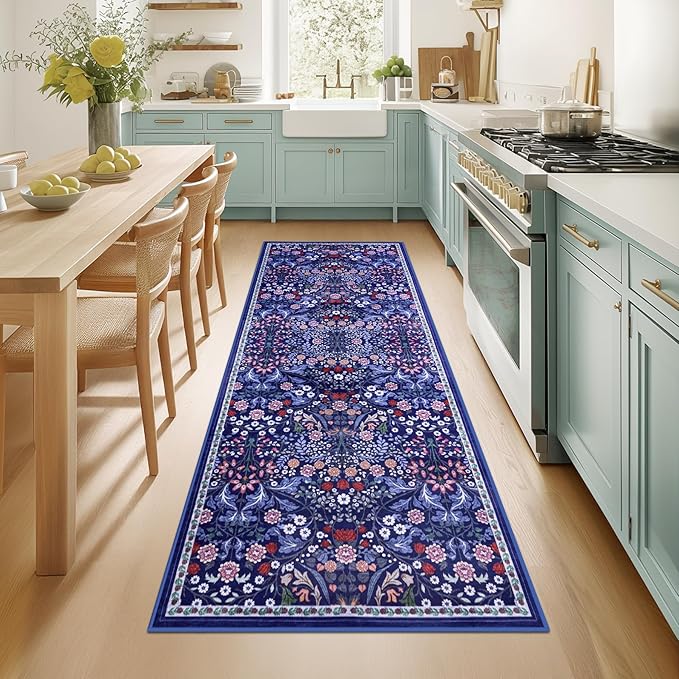 PLHXFR 2x6 Washable Runner Rug：Floral Indoor Kitchen Soft Carpet Blue | For Hallway Bedroom Kitchen Laundry Bathroom Dorm,Vintage Floral,Machine washable,Non Slip,Stain Resistant,Indoor Floor