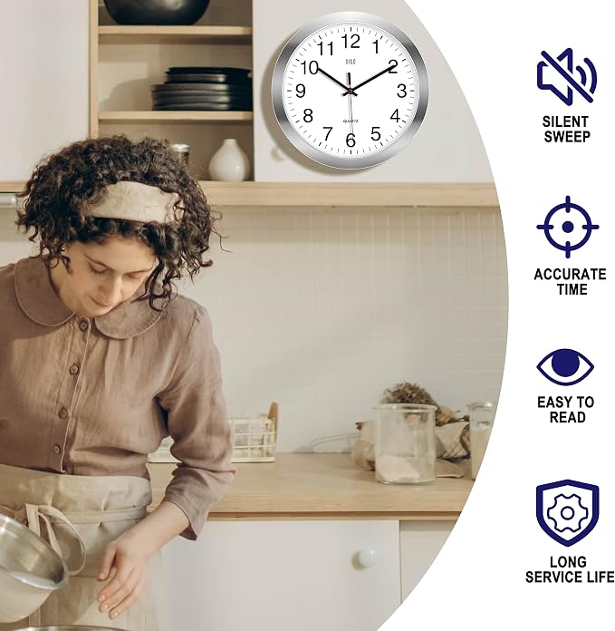 HITO 12 Inch Silent Wall Clock Battery Operated Non Ticking Glass Cover Silver Aluminum Frame, for Kitchen, Bedroom, Home Office, Living Room Decor