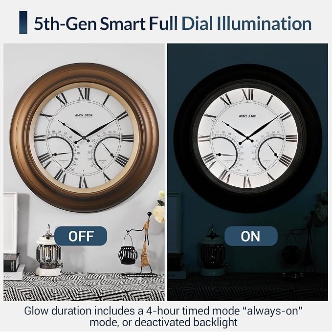 ANDY STAR 24 Inch Outdoor Clocks Waterproof,Large Outdoor Wall Clocks for Patio with Thermometer Combo, Silent Weatherproof Illuminated Metal Clock Battery Operated with Thermometer&Hygrometer, Bronze