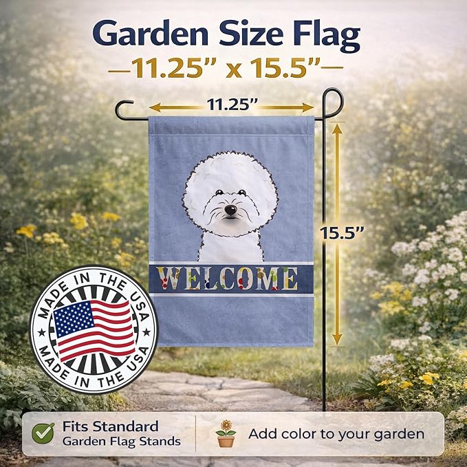 Caroline's Treasures BB1403GF Bichon Frise Welcome Garden Flag, Blue Mailbox Flag Decorative Yard Flag Banner Outside Patio Artwork Yard Flower Beds, Garden Size, Multicolor