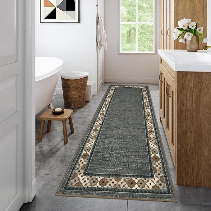 Garvee 2x6 Tribal Border Kitchen Rugs Washable Rugs for Hallway, Brown | Floral Border Area Rug Stain Resistant Easy Cleaning Throw Rugs Low Pile Floor Cover for Bedroom Laundry