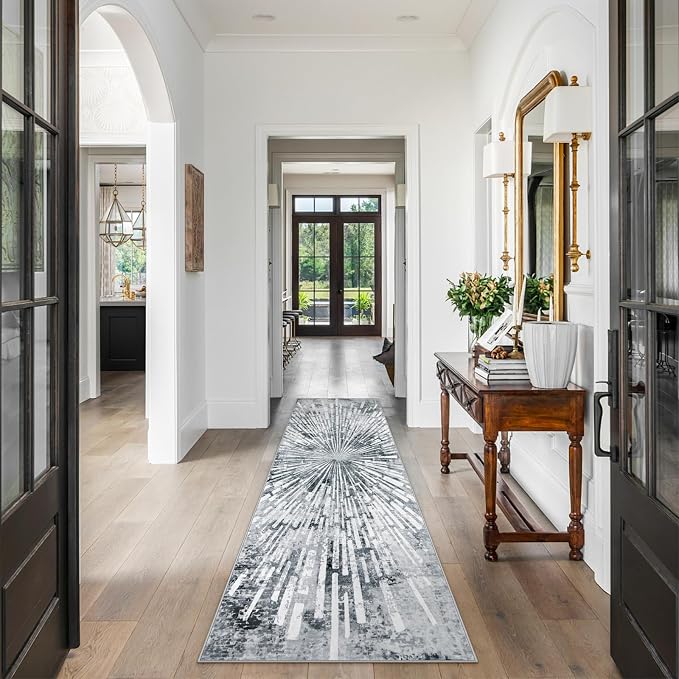 Lahome Manon Grey Hallway Runner Rug 2.5x8, Non Slip Rug Runners for Hallway, Low Pile Modern Kitchen Runner Washable Abstract Soft Carpet Runner for Entryway Bathroom