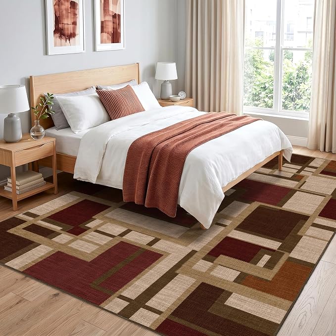 Pionblank Modern Geometric Area Rugs for Bedroom, Red Brown 4x6 Rug | Contemporary Patchwork Blocks Indoor Carpet for Living Room Dining Room Office| Soft Low-Pile Floor Rug| Abstract| Non-Slip