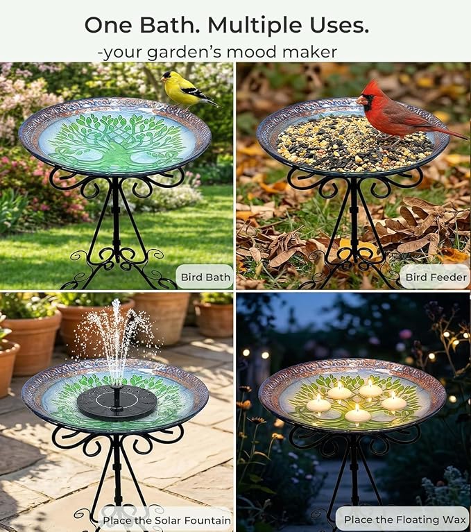 Large Bird Bath for Outside, Glass Bath Bowl with Metal Stand 28" H Standing Outdoor Birdbaths for Garden Yard Lawn Decor, Tree of Life-New