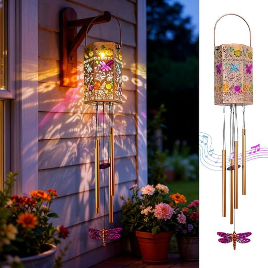 Dragonfly Solar Wind Chimes for Outside, Solar Lantern Outdoor Waterproof Lights for Home Garden Yard Decor, Birthday Gifts for Mom Grandma Women
