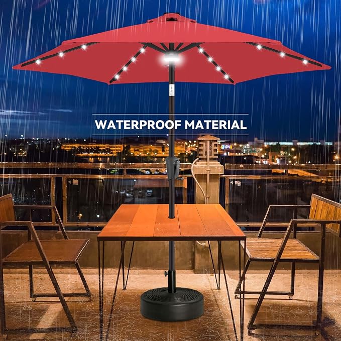 7.5ft Solar Umbrella Outdoor - Lighted Solar Patio Umbrella with 24 LED Lights Waterproof UV Protection, Table Umbrella with Tilt for Pool, Porch, Garden, Deck, Backyard (Red)