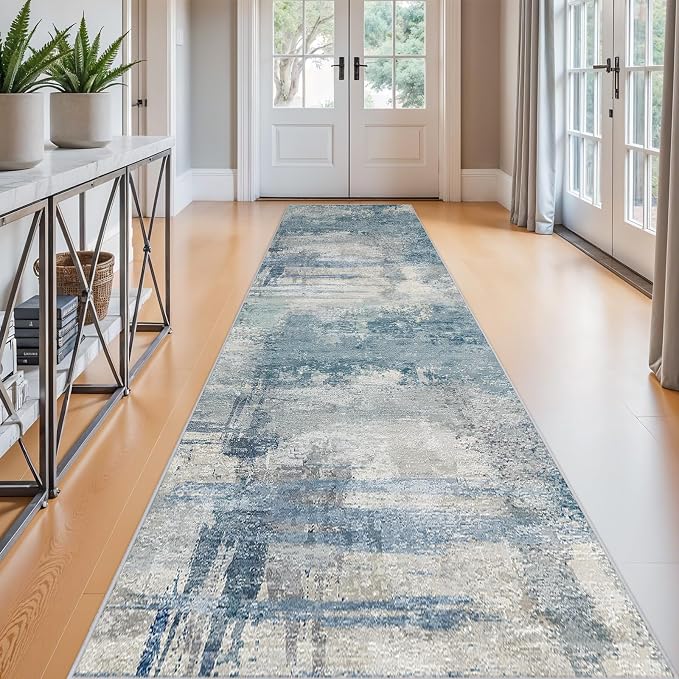 2.6x12 Extra Long Runner Rug: Blue Grey Abstract Washable Non Slip Rug | Hallway Carpet for Entryway - Soft Thin Low Pile Floor Mat for Long Hallways, Custom Length 2.6x12 Blue