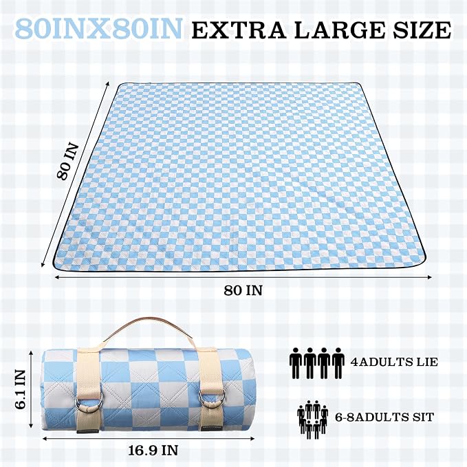 Nuanchu Checkered Picnic Blanket Extra Large Outdoor Blanket Sandproof 80"x80" Waterproof Portable Machine Washable 3 Layer Thick Gingham Picnic Mat for Beach Camping Park Grass Travel(Light Blue)