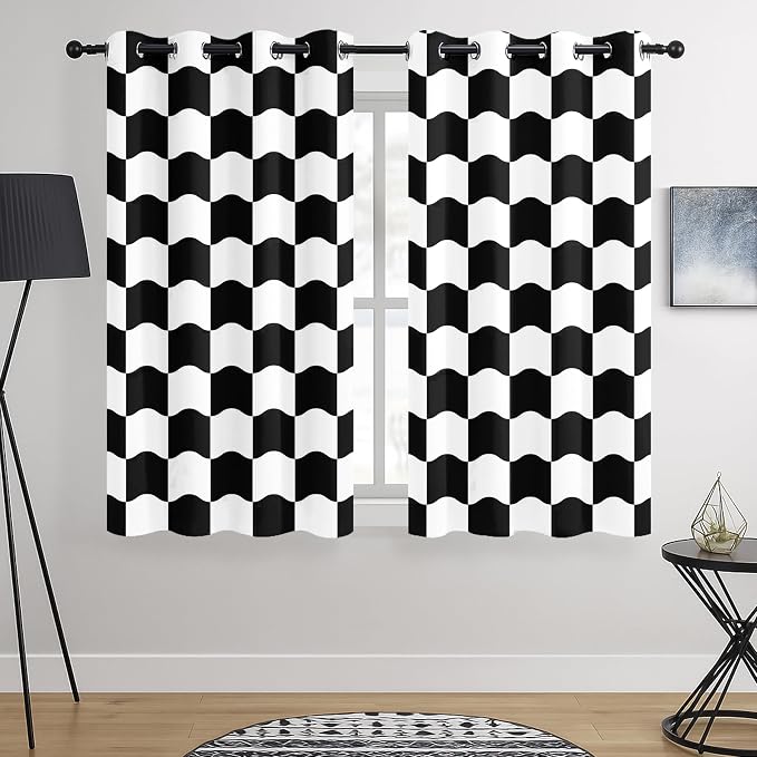 Wavy Checkered Black and White 100% Blackout Curtains for Bedroom Living Room, Modern Pattern Window Drapes, Thermal Insulated, Noise Reducing, Grommet Top, Set of 2 Panels, Each W52xL63