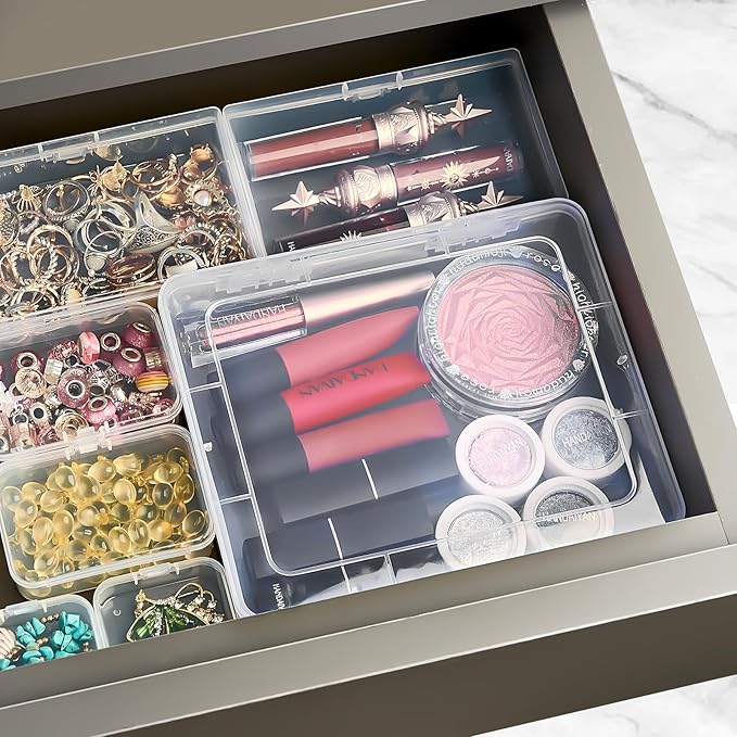 7 Pack Mixed Sizes Rectangular Mini Plastic Containers Clear Plastic Storage Boxes with Hinged Lids Empty Beads Organizers for Small Items Art Craft Jewelry Projects