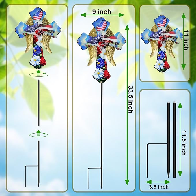 33.5" Independence Day Solar Cross Garden Stake – Angel Wing Memorial Light, IP65 Waterproof Cemetery Decor for Graves, Outdoor Yard Art for Fourth of July, Easter, Patio – Sympathy Gift