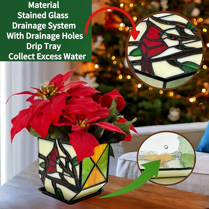 Stained Glass Cardinal Bird Indoor Planter Pot, Decorative Flower Pot with Drainage,Planter Pots for Indoor Plants,Christmas Cardinals Decorations,Cardinal Gifts