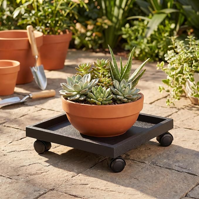 14.2 INCH Plant Caddy for Outside,Outdoor Square Planter Caddies for Patio Backyard Use, Rolling Saucer with Wheels, Heavy Duty Wheeled Planter Stand for Potted Plant, Brown