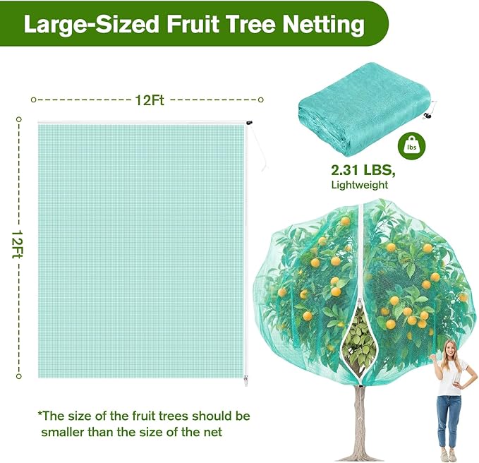 KEOHOLI 12FTx12FT Green Large Fruit Tree Netting Reusable Durable Mesh Cover with Zipper and Drawstring for Fruit Tree Protection Cover from Birds Cicadas Squirrels and Insects