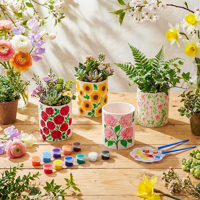 Zubebe 12 Pcs Paint Your Own Ceramic Pots Bulk Unfinished Succulent Pots Craft Kit with Drainage Hole Mini Paintable Plant Vase Ready to Paint Planter for Cactus DIY Craft (Elegant Flowers Cylinder)