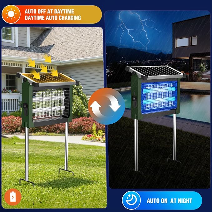 Solar Bug Zapper Outdoor Waterproof, 4500V Rechargeable Mosquito Zapper with Solar Panel Sensor, Auto ON/Off, 10ft Extension Cord & Solar Powered Bug Zapper, Cordless Insect Zap for Patio Yard Garden
