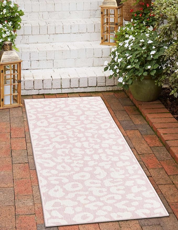 Unique Loom Outdoor Safari Collection Area Rug - Leopard (2' 11" x 10' Runner, Pink Ivory/ Ivory)