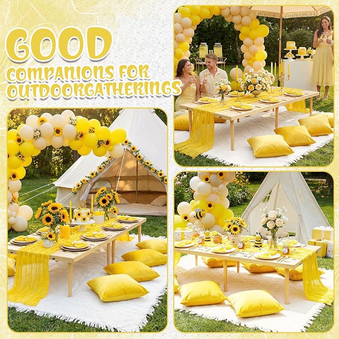 Beeveer 14 Pack Picnic Kit 91x71 Extra Large Outdoor Boho Picnic Blanket with Yellow Table Runner, 6 Throw Pillow Covers 6 Napkin Woven Cotton Yarn Oversize Washable Beach Blanket for Camp Wedding