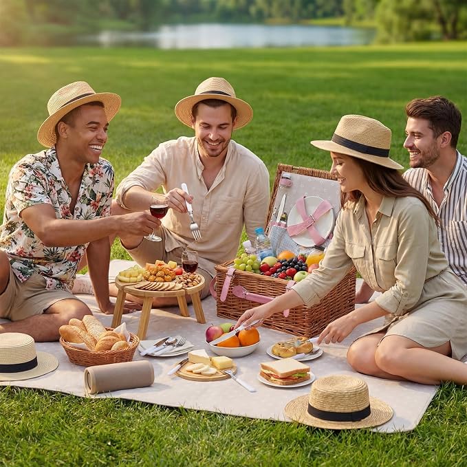 Briwooody Wicker Picnic Basket Set for 4 with Foldable Bamboo Camping Table, Round Bamboo Cutting Board Outdoor Dining Set with Utensils Plates and Blanket for Camping Beach Backyard Party