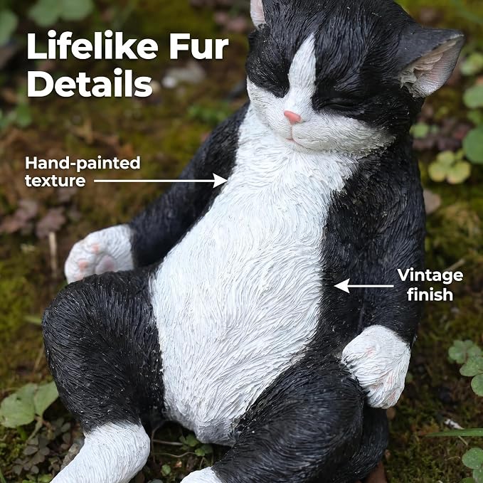 Cat Statue Outdoor Cat Figurines Garden Decor, Black & White Cat Statue Figurine Decor Sculpture for Patio, Yard, Resting Tuxedo Cat Statues for Indoor Table Accessory, Gift for Mom & Cat Lovers
