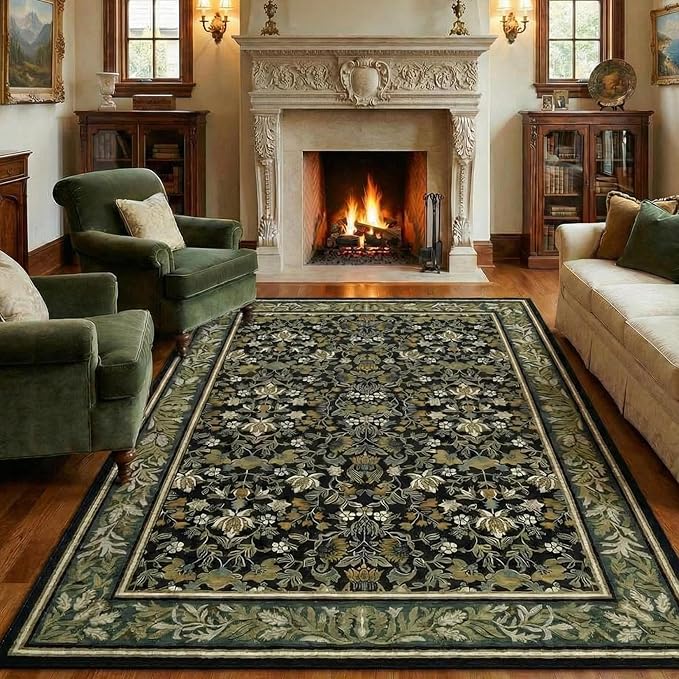 GarveeHome 8x10 Area Rugs for Living Room: Washable Bedroom Rug Green Black | Boho Vintage Non Slip Soft Low Pile Stain Resistant Indoor Carpet for Farmhouse Dining Room Nursery Home Office