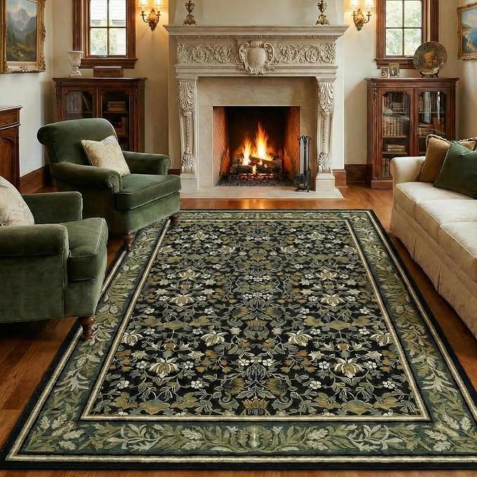 GarveeHome 5x7 Area Rugs for Living Room: Washable Bedroom Rug Green Black | Boho Vintage Non Slip Soft Low Pile Stain Resistant Indoor Carpet for Farmhouse Dining Room Nursery Home Office