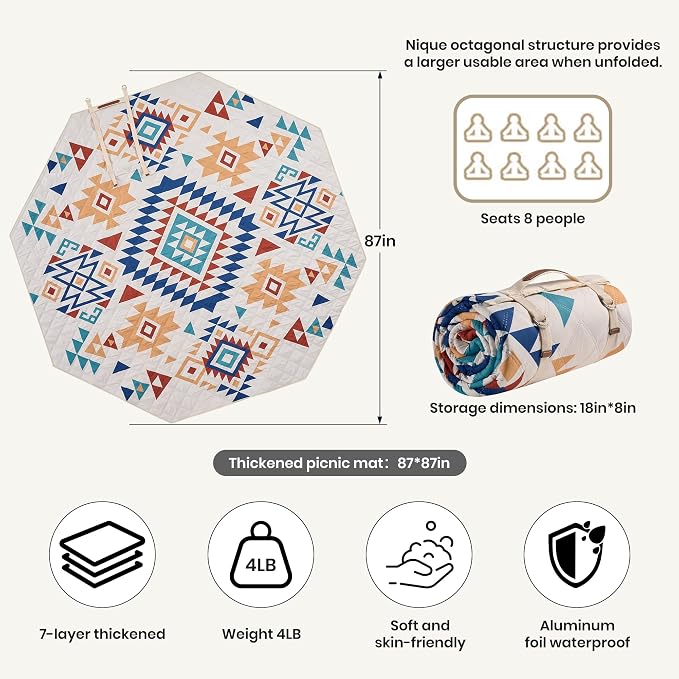 87 in * 87 in Waterproof Picnic Mat Picnic Blanket, Enlarged and Thickened Camping Mat, Larger Picnic Blanket, Suitable for Grassland, Beach, Courtyard, Outdoor Activities (Blue)