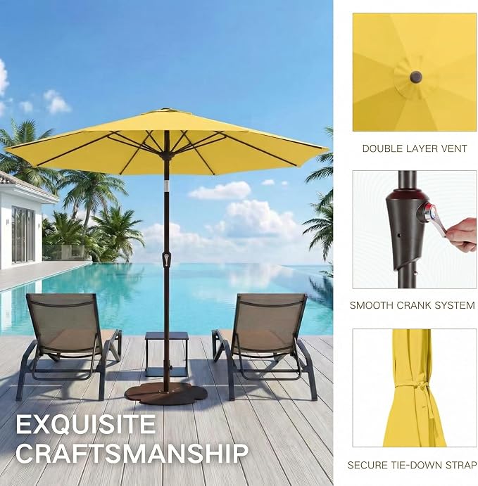 Kingdura 10FT Outdoor Patio Umbrella, Round Market Table Umbrella with Push‑Button Tilt and Crank Lift, 8 Sturdy Metal Ribs, UV50+ Protection Canopy for Backyard, Lawn, Deck, Poolside, Garden (Yellow)