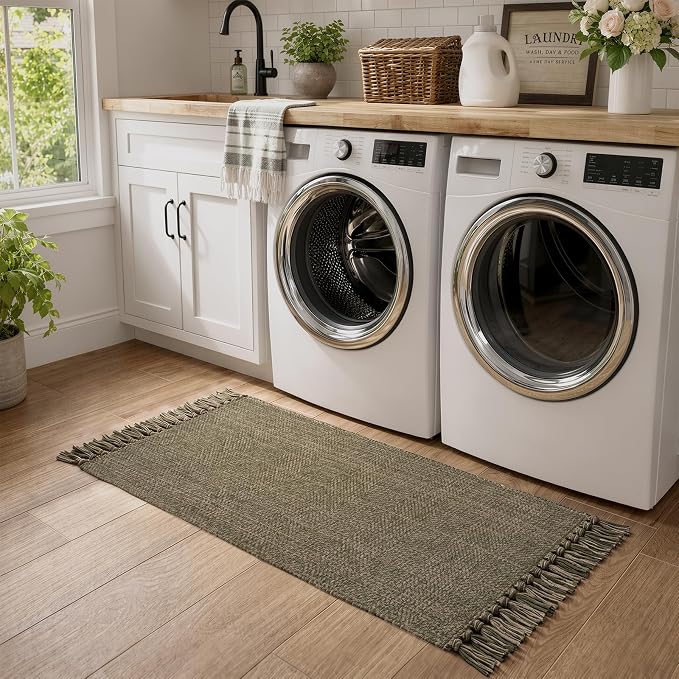 Moss Green Bathroom Runner Rug, 2' x 5' Boho Kitchen Mats | Hand-Woven Entryway Rug Runners for Hallway, Modern Farmhouse Washable Laundry Carpet Indoor Front Door Mat for Bedroom Decor